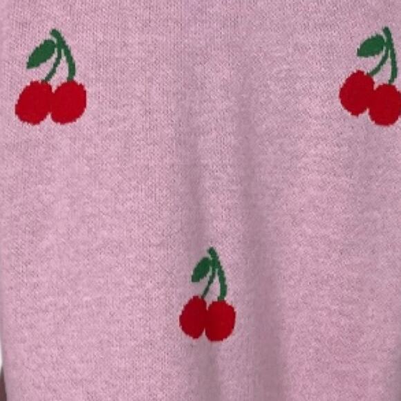 Nikkak Cardigan Sweater Tie Front Cropped Pink Red Cherry Pattern Women Size XL - Picture 10 of 12